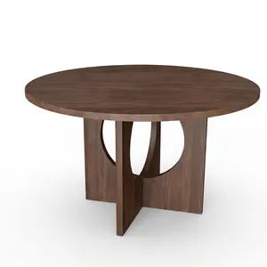 Table basse vintage ronde en bois de noyer foncé avec base à découpes géométriques, meubles de salon de style mid-century modern, pièces d'appoint - Product Image 3