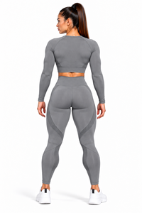 Risk Sports Women Solid Grey Long Sleeve Crop <b>Top</b> <b>and</b> Nylon/Cotton <b>Leggings</b> 2 Piece Yoga Set - Product Image 3