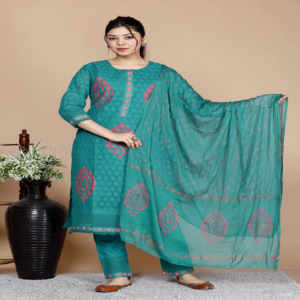 Ensemble Kurta décontracté NIYANI Emerald Noor Jaipuri en coton imprimé au bloc avec dupatta en mousseline – Magnifique ensemble ethnique trois pièces longueur midi - Product Image 1