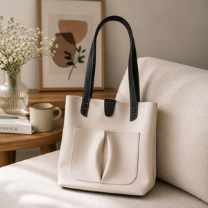 Sac fourre-tout élégant bicolore pour femme en cuir PU, sac à bandoulière avec poche avant, sac de transport décontracté pour le bureau et le shopping - Product Image 3
