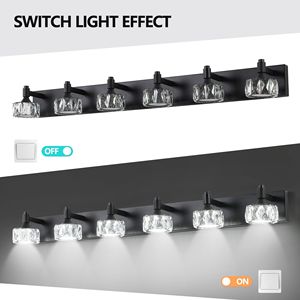 Moderna Lampada da Parete a 6 Luci LED Nera Opaca con Eleganti Paralumi in Cristallo per Bagno - Product Image 5