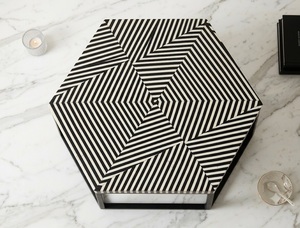 Table basse hexagonale moderne en os incrusté, design géométrique noir et blanc, meubles de salon - Product Image 1