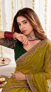 Sari en soie vert olive pour femme, broderie florale rose, tenue de mariage indienne traditionnelle, longueur ras du sol, coupe classique, protection solaire - Product Image 6