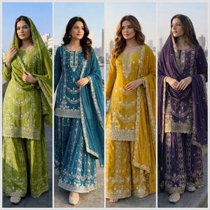 Luxury Pure Jarman Chinon <b>Silk</b> Embroidered Palazzo Suit Set with Full Sleeve <b>Kurta</b> and Matching Dupatta for Wholesale - Product Image 2