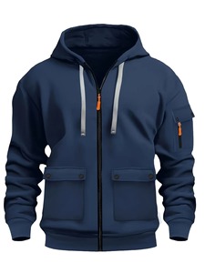 Men's <b>Navy</b> Blue Hooded Zip-Up <b>Sweatshirt</b> Regular Fit Solid Color Casual French Terry Pocket Design Autumn Wear - Product Image 1