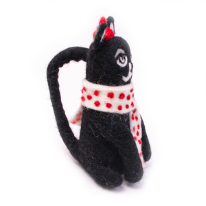 Figura de Gato Negro Hecha a Mano por SAMYAK en Fieltro de Lana con Sombrero Rojo y Bufanda de Puntos |   Adorno Animal Fantasioso para Decoración del Hogar, Juguete Educativo - Product Image 3