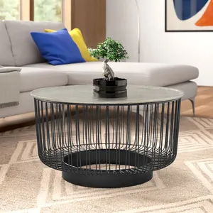 Table basse ronde moderne en métal avec plateau en verre, décoration contemporaine pour salon, meuble d'appoint intérieur pour la maison - Product Image 6