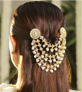 Chaîne de tête ajustable plaquée or en gros avec perles et pierres précieuses, accessoire de bijoux de cheveux de mariage pour femmes - Product Image 6
