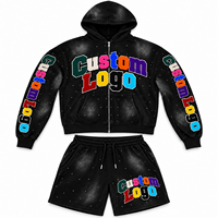 Ensemble de survêtement pour homme 100% Coton avec patch en strass, style USA, comprenant un short clouté tendance et un sweat à capuche zippé oversize avec broderie unie