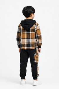 Ensemble de survêtement pour garçons ONETEN APPAREL, veste à capuche en coton à carreaux marron, pantalon à ourlet fendu, tenue d'hiver - Product Image 4