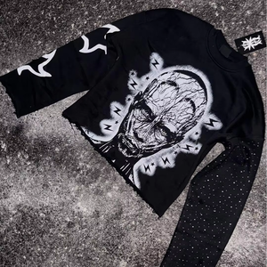 Vêtements de mode sur mesure haut de gamme, t-shirt en coton avec strass, impression sérigraphique, streetwear, manches longues à double couche pour hommes - Product Image 4