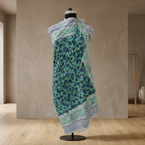 Aqua Blue Floral Hand Block Printed Cotton <b>Sarong</b> Scarf with Decorative Border Lightweight Beach Wrap Stole for Women - Product Image 1