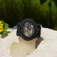 Bague artisanale en macramé noir avec quartz rutilé, ajustable, en cristal naturel, style bohème, bijou fantaisie, vente en gros