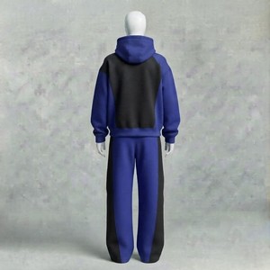 Ensemble de survêtement unisexe bleu et noir à blocs de couleur avec capuche, sweat-shirt décontracté et pantalon de jogging pleine longueur, design uni, matière respirante - Product Image 2
