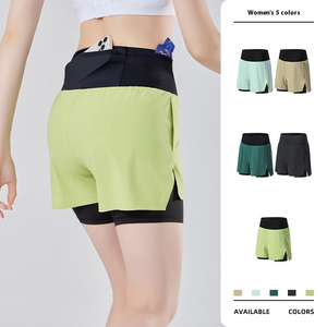 กางเกงขาสั้นกีฬาวิ่งมาราธอนเอวสูงสำหรับผู้หญิง มีกระเป๋าหลัง ไซส์ XL กางเกงโยคะแบบสองชั้นซ้อนทับ กางเกงวิ่งออกกำลังกายป้องกันโป๊ - Product Image 6