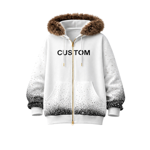 Sweat à capuche zippé pour homme, blanc, personnalisé avec strass, capuche en fourrure, polaire d'hiver, streetwear, avec motif moucheté dégradé - Product Image 1