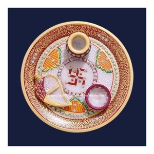 Handmade <b>Polished</b> White Makrana Stone Rajasthani Gold Painting Design <b>Marble</b> Pooja Thali with Diya Sets for Business or Gift - Product Image 3