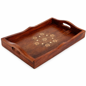 Handcrafted Sheesham Wood Serving Tray Set with Floral Inlay – 2 Piece Retractable Design for <b>Kitchen</b> Dining Ramadan Use - Product Image 1