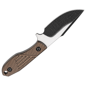 Cuchillos de hoja fija con mango marrón bronce, hoja ranurada plateada y negra, agarre texturizado y funda negra para cinturón, para camping y uso general. - Product Image 2