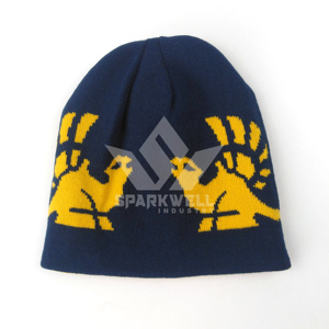 Bonnet en tricot jacquard unisexe avec motif animalier en bleu marine et jaune pour un usage décontracté en extérieur, taille adulte 56-58 cm - Product Image 4