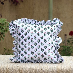 Square Ruffle Cushion Cover <b>White</b> Green Plant Print Vintage Style Cotton Home Decorative Pillow Case - Product Image 1