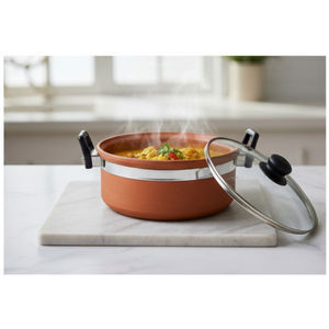 Kadai en terre cuite fait main avec couvercle en verre, résistant à la chaleur et écologique - Product Image 1