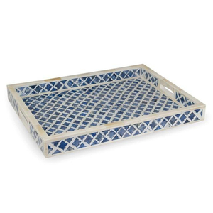 Bandeja de Madera con Incrustaciones de Hueso con Patrón de Zigzag Azul Hecha a Mano con Borde de Marfil para una Decoración Elegante de Cocina y Mesa de Centro - Product Image 6