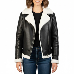 Chaqueta de Motera de Piel de Oveja Negra para Mujer Leathertex Premium con Mangas Completas y Detalle de Piel Artificial Resistente al Viento - Product Image 1