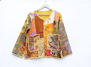 Coloré Patchwork Kantha matelassé soie coton veste réversible Boho femmes robe avec petits boutons longue veste 2 voies pour l'automne - Product Image 6