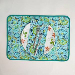 <b>Blue</b> Flower quilted Placemat napkin Block Print fabric <b>table</b> <b>mat</b> easy care machine washable rustic kitchen decor dining <b>mat</b> - Product Image 1