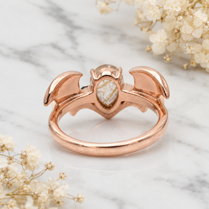 Massiver 925er Sterlingsilber Gothic Verlobungsring mit goldenem Rutilquarz-Edelstein, Fledermausflügel-Ring, vergoldeter Ring für Damen - Product Image 4