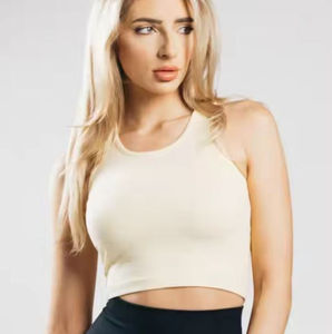 94%Cotton6%Spandex Scoop Neckline Sleeveless Racerback Style Long Line Women Breathable Fitted Performance Crop Tank <b>Top</b> - Product Image 2