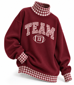 Pull-over décontracté d'hiver pour femme, col montant oversize, motif écossais et patchwork, style streetwear, vente en gros sur mesure - Product Image 6