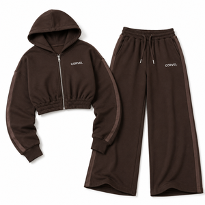 Conjunto Deportivo Personalizado de Fábrica con Bordado, Franja Lateral Marrón, Sudadera Corta con Cremallera para Mujer, Pantalones Deportivos Anchos, Ropa de Invierno de Felpa - Product Image 4