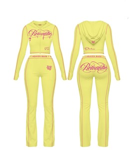 Fall Women Waffle Knit Tracksuit Custom Logo Contrast Piping <b>Cropped</b> <b>Zip</b> <b>up</b> Hoodie Flare Sweatpants Two Piece Streetwear Set - Product Image 2