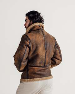Veste aviateur en cuir véritable pour homme, doublée en sherpa marron premium, fermeture éclair, style bomber, vêtement d'extérieur décontracté pour l'hiver. - Product Image 3