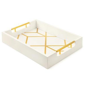White Decorative Serving Tray with Gold Geometric Pattern Gold Metal Handles for Coffee <b>Table</b> Ottoman <b>Vanity</b> Home Decor - Product Image 5