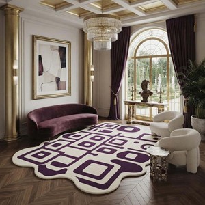 Alfombra de Área Geométrica Morada y Marfil Contemporánea, Hecha a Mano, de Lujo, Abstracta, de Lana, para Sala de Estar y Dormitorio - Product Image 2
