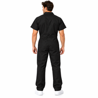 Jumpsuit Kerja Pria Hitam Katun Lengan Pendek Kancing Depan Saku Dada Bernapas Seragam Overall Celana Panjang