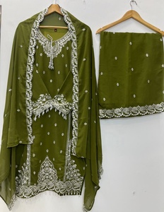 Costume Salwar vert olive brodé pour femmes avec dupatta, style traditionnel indien pakistanais, coupe ample - Product Image 5