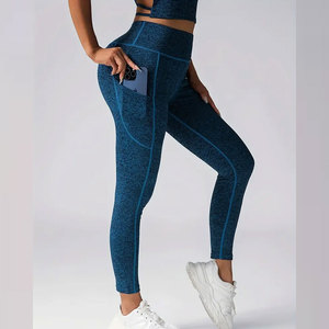 Mid Waist Blue <b>Leggings</b> <b>Pockets</b> Ankle-Length Vintage Sporty Stretch Breathable Quick Dry Compression Tummy Control Seamless - Product Image 5