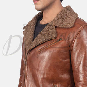 Veste en cuir véritable marron pour homme avec col en fourrure Sherpa, veste de motard slim fit chaude pour l'hiver, manteau en cuir décontracté - Product Image 1