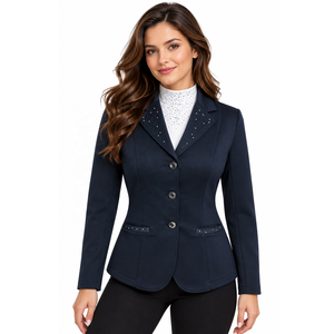 <b>Women's</b> <b>Navy</b> Blue Western Equestrian Show <b>Jacket</b> Crystal Embellishments Moisture Wicking Tailored <b>for</b> Horse Riding Competition - Product Image 1
