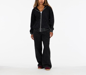 OEM Custom 100% Cotton 340 GSM Acid Wash Women's Full Zipper Hoodie & Wide Flare Leg Sweatpants Baggy Sets Breathable 2 Pieces - Product Image 2