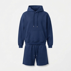 Wholesale Men's Solid Color Oversized French Terry Boxy Fit <b>Hoodie</b> and Gym Shorts Two-Piece Set - Product Image 1
