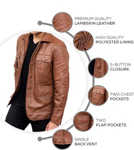 Forge Men's Lightweight Stylish Leather Jackets High Quality Canvas <b>Stand</b> Collar Pocket Decoration Long Sleeve Styles Focusing - Product Image 5