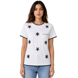 Camiseta Blanca Personalizada para Mujer con Bordado Floral, Ribete en Contraste Negro, Cuello Redondo, Manga Corta, Estilo Casual, OEM ODM - Product Image 1