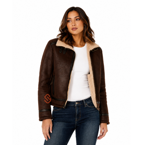 Womens Genuine Sheep <b>Leather</b> Aviator <b>Jacket</b> Brown Faux Fur Lined Real <b>Leather</b> Shearling B3 Bomber <b>Winter</b> Coat Wholesale OEM USA - Product Image 1