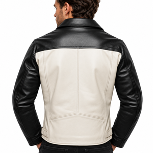 Chaqueta de moto de cuero genuino para hombre, color negro y crema, con cuello vuelto, cierre de cremallera, corte ajustado, manga regular, color sólido, para otoño. - Product Image 5