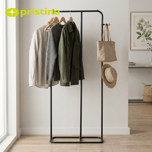 Minimalist Standing Coat Rack With <b>Towel</b> Bar And <b>Hooks</b> For Entryway Storage Metal Clothing Organizer Steel Finish - Product Image 3